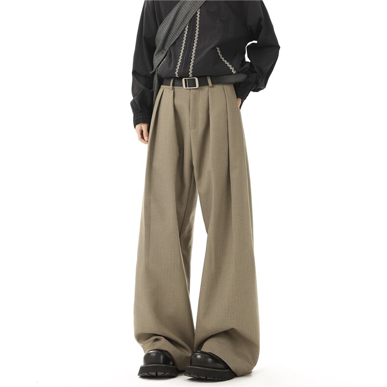 GENIOLAMODE千鸟格美式垂直宽松西裤男士秋季新款百搭直筒休闲裤，男装休闲裤，星座612