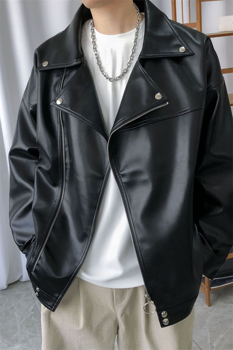 现货-春装皮衣外套男翻领休闲皮夹克潮牌PU机车服A506P90加绒100,男装夹克,电商A351