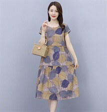 2022夏季新款简约优雅气质圆领复古印花修身显瘦连衣裙，女装连衣裙，鑫思依格