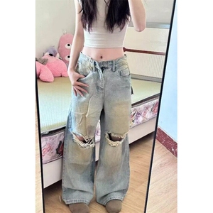 破洞牛仔裤2025新款春夏款美式复古水洗做旧直筒阔腿宽松脏脏裤图片