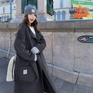 灰色中长款立领双面羊绒大衣女2025冬新款高级感宽松显瘦毛呢外套图片