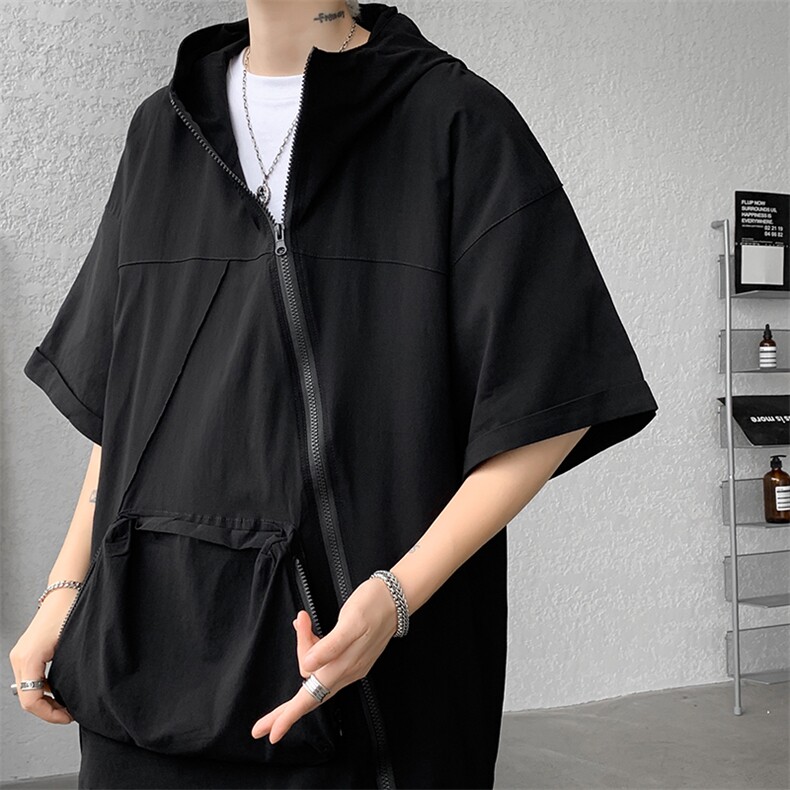 8XL-M特大码冰丝速干拼接t恤斜襟连帽拉链短袖卫衣七分袖DX324P55图片