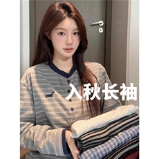 新款亨利领条纹长袖秋季潮流美式复古宽松男女t恤上衣L31588-p45，男装T恤，星座1008