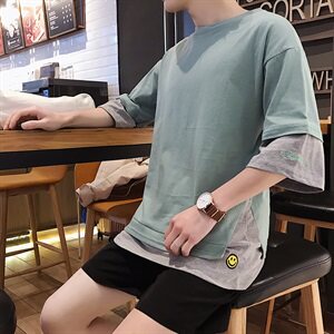 A003-HT002-P20  夏季新款黄色笑脸假两件休闲短袖T恤1 港仔风图片