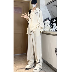 新中式风翻领长袖衬衫秋装复古竹子绣花长裤套装 TZ909-特P70图片