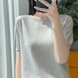 夏季薄款精纺羊毛圆领短袖T恤女点子纱宽松半袖针织外穿内搭上衣,女装T恤,片语羊绒