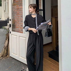 黑色蕾丝拼接西装套装女秋2025新款大方得体西服阔腿裤穿搭两件套，女装套装/套裙，2D014