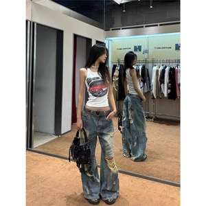 破洞牛仔裤常规高腰牛仔裤长裤子废土风泼墨破洞牛仔裤子女做旧图片