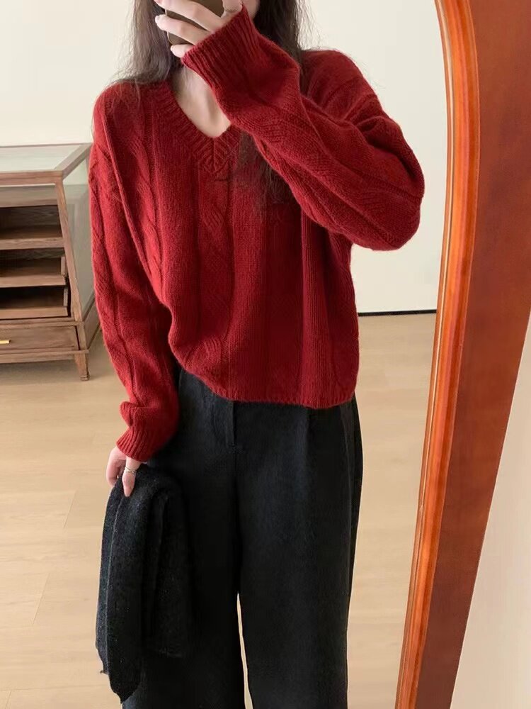 复古麻花纹宽松显瘦针织衫百搭圆领长袖毛衣时尚气质女装,针织衫/毛衣,半城羊绒