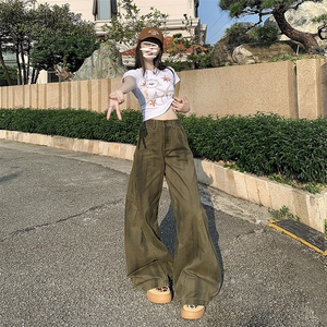 美式复古扎染褶皱弯刀工装裤男女宽松阔腿cleanfit裤YD9020-P70图片