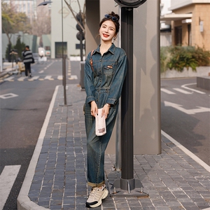 时尚显瘦牛仔连体裤女春季新款高腰宽松长袖工装裤百搭休闲裤图片