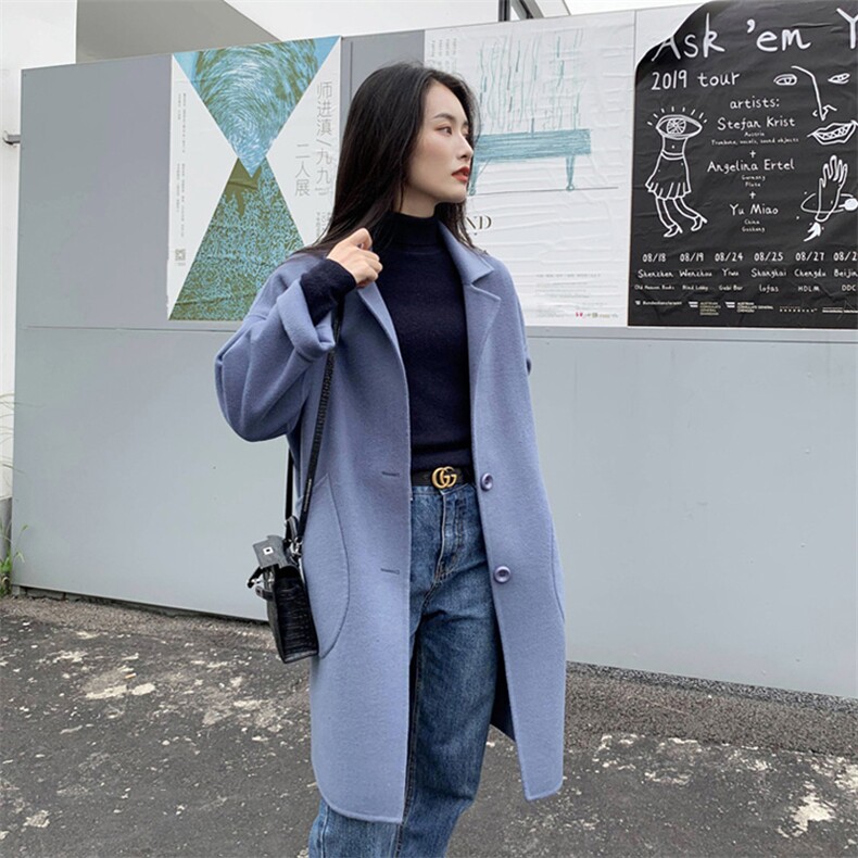 时尚百搭黑色羊毛大衣女秋冬季新款韩版宽松显瘦长款外套，女装毛呢外套，乾庄羊绒