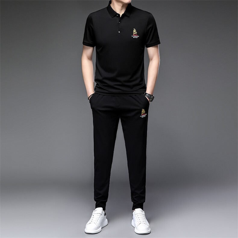 轻奢品牌男装短袖T恤套装欧货刺绣polo衫长裤运动休闲翻领图片