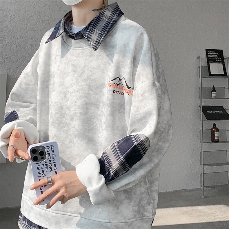wassup happy衬衫领卫衣男春秋季潮流假两件宽松上衣重磅休闲外套图片