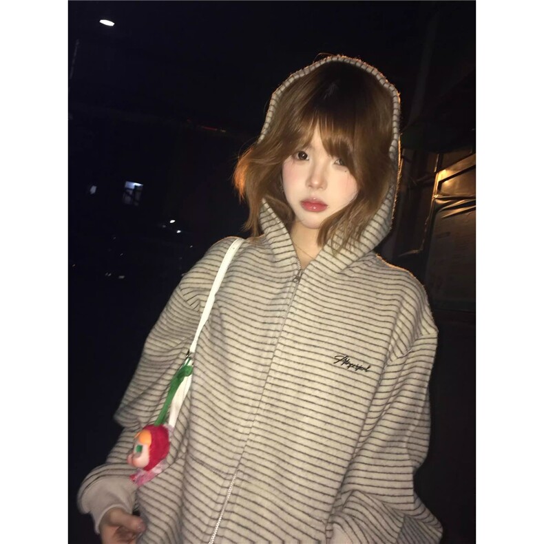 美式高街条纹设计感连帽卫衣男款秋季新款潮牌宽松情侣青少年外套，女装短外套，星座516A