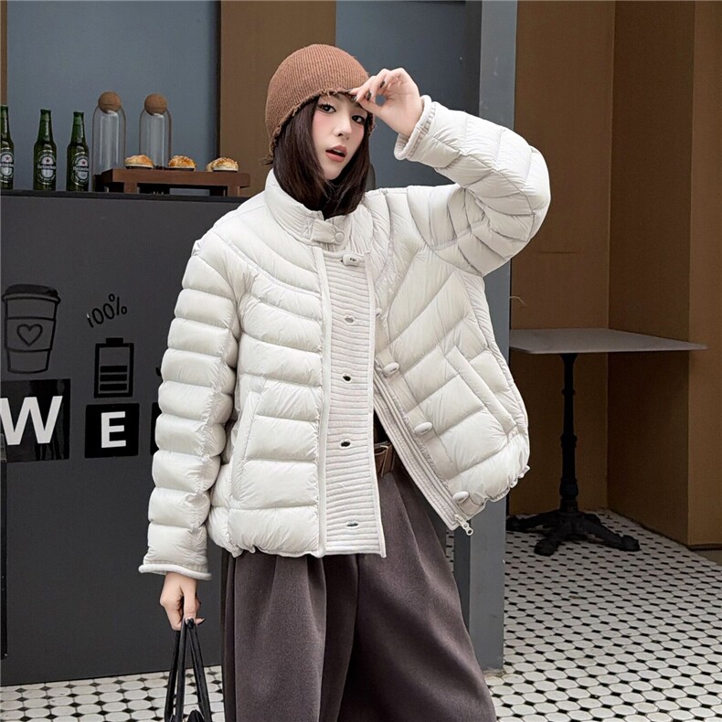 2025冬装新款时尚针织拼接门襟羽绒服,女装羽绒服,曼琳思菲