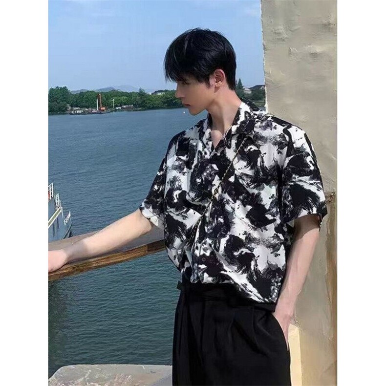 韩扎染水墨画翻领短袖衬衫男夏季冰丝宽松垂感短袖衬衣C3384,男装T恤,星座1116A（原606A-3）