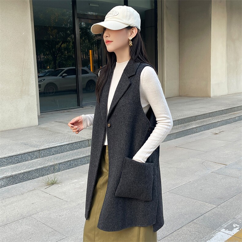 2025年秋季新款百搭女士带兜POLO领一粒扣中长款无袖大衣,女装双面呢大衣,召鑫羊绒双面呢