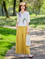 轻熟风时尚小翻领衬衫套装女2026夏气质绣花上衣阔腿裤两件套，女装套装/套裙，水衣源