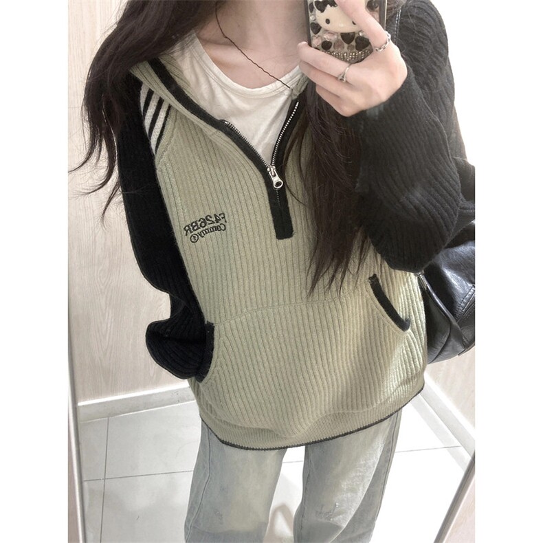 潮牌撞色插肩长袖连帽毛衣男女秋冬半开拉链针织衫外套M369,男装针织衫/毛衣,星座1116A（原606A-3）