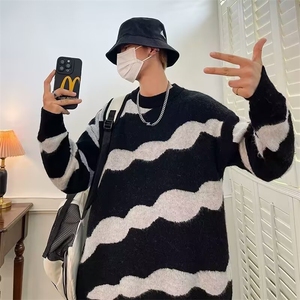 撞色条纹红色毛衣男冬季慵懒风针织衫oversize套头外套MZ571-P49图片