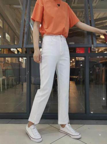 2021新款裤脚开叉牛仔棉小直筒裤黑、白两色，女装，简 影