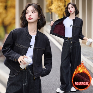 加绒牛仔短外套女秋冬季2024新款小个子加厚宽松夹克时尚上衣图片
