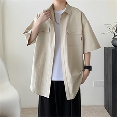 X2437-TP35控价58夏季日系潮流宽松工装短袖衬衫男港风中袖衬衣，男装衬衫，电商A102-1