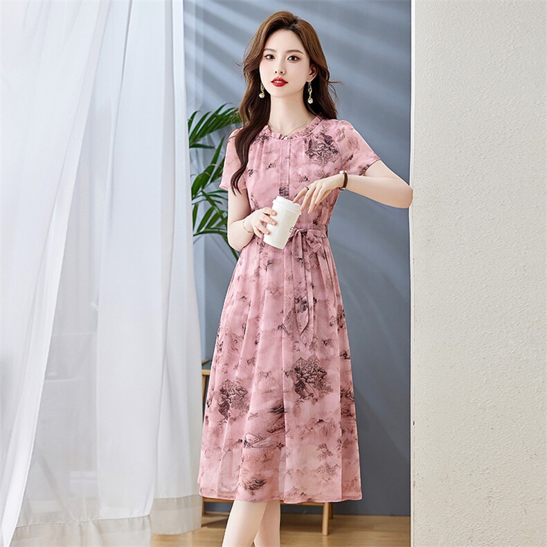 雪纺连衣裙夏季2025新款衣服大码女装高级感高端精致气质碎花裙子,女装连衣裙,牡丹诺