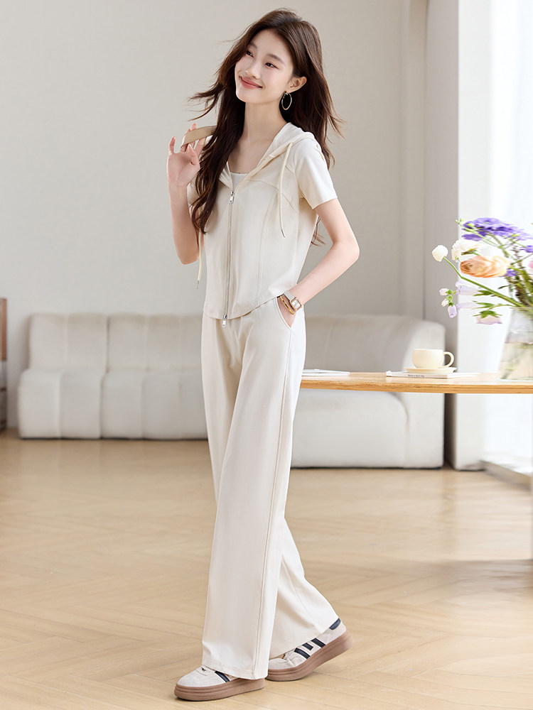 时尚休闲运动服套装女2025夏季新款连帽短袖T恤阔腿直筒裤两件套,女装套装/套裙,文熹诺