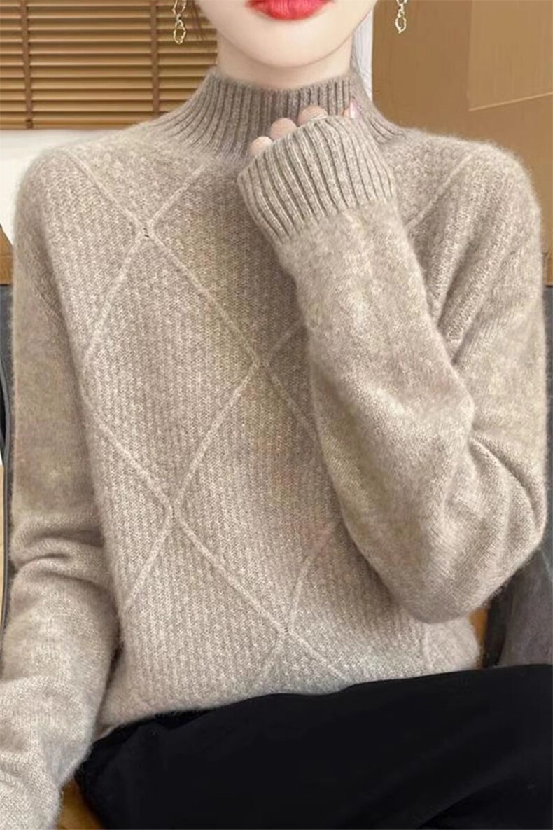 2025秋冬季100%纯羊毛衫女半高领菱形提花毛衣宽松长袖羊绒衫打底,针织衫/毛衣,萱芳婷羊绒