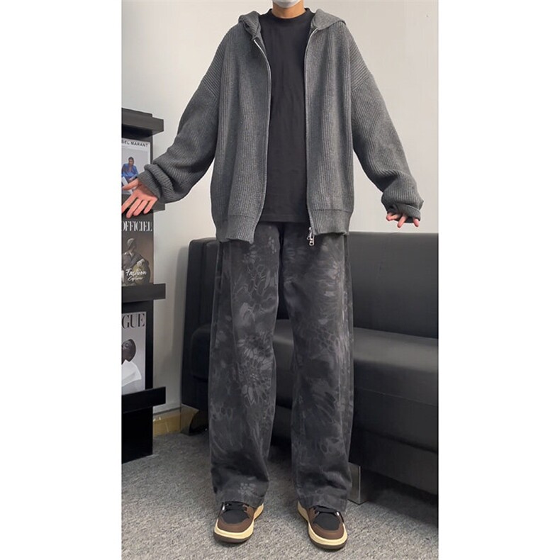 抖音品质美式高街oversize设计感蛇纹迷彩水洗弯刀裤,男装牛仔裤,星座310A-4