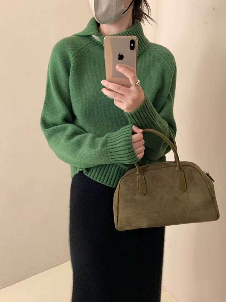 2025年秋季通勤单件时尚百搭提前就业休闲羊毛牛角扣翻领毛衣，女装羊毛衫，鑫之绒