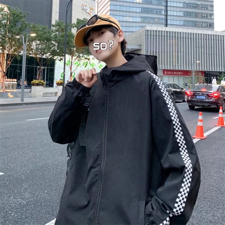 棋盘格拼接夹克男士春季潮流宽松个性连帽夹克W015P38，男装夹克，星座1116-2