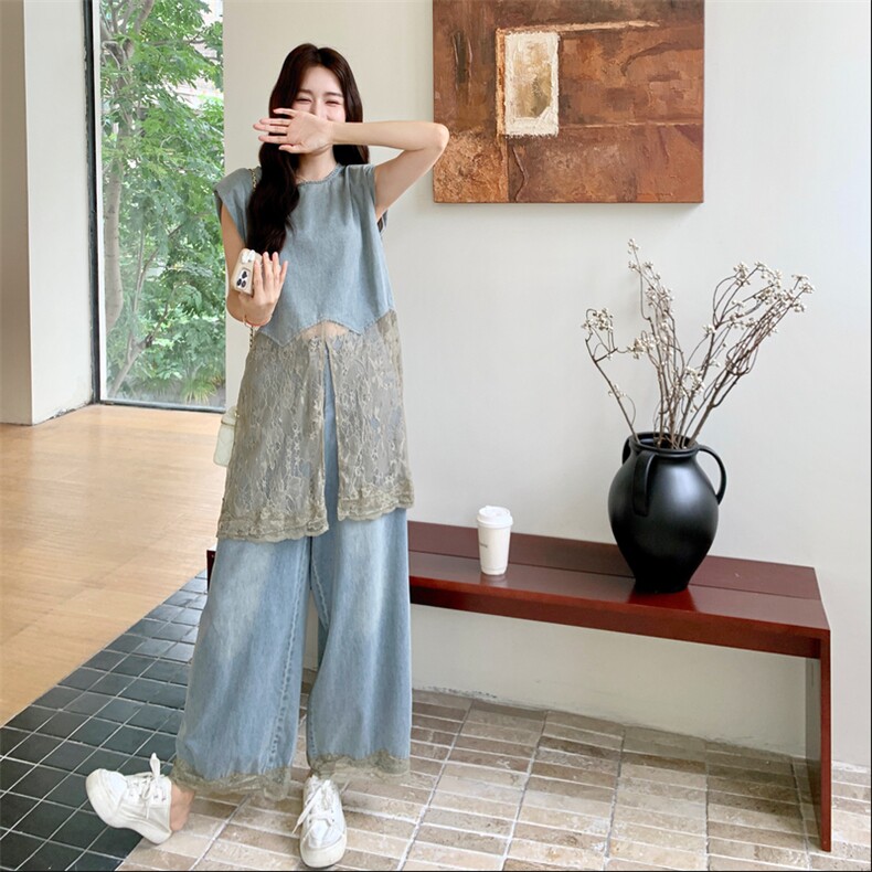 现货新品蕾丝拼牛仔马甲+牛仔长裤623-P165-K238,女装套装/套裙,2C317