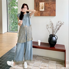 现货新品蕾丝拼牛仔马甲+牛仔长裤623-P165-K238，女装套装/套裙，2C317