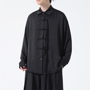 C8606P65无影墻冰丝新中式风暗黑风唐装汉服盘扣衬衫情侣,用妈妈的衣服搭配儿童汉服图片