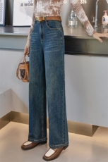 高端复古牛仔阔腿裤女2024秋季新款垂感显瘦休闲百搭窄版直筒裤潮，女装牛仔裤，江南女神