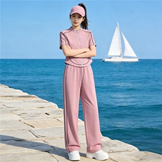 时尚休闲套装女夏新款修身显瘦条纹拼接立领开衫上衣阔腿裤两件套，女装套装/套裙，江南