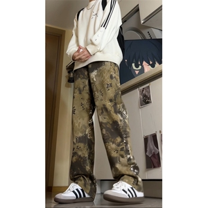 秋装复古帆布蛇纹牛仔裤迷彩重水洗痞帅宽松休闲弯刀裤GJ338 P55图片