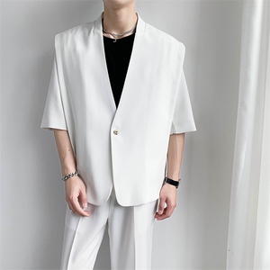 宽松西装套装男帅气宽松西服两件套纯色休闲礼服图片