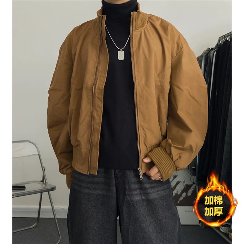 抖音得物美式潮休闲夹克春季立领纯色复古工装加厚棉服外套MF01,男装夹克,电商A443
