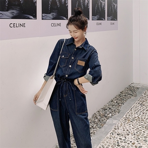 休闲减龄藏蓝色牛仔衬衫连体裤女2025春秋洋气超火巨好看工装长裤图片