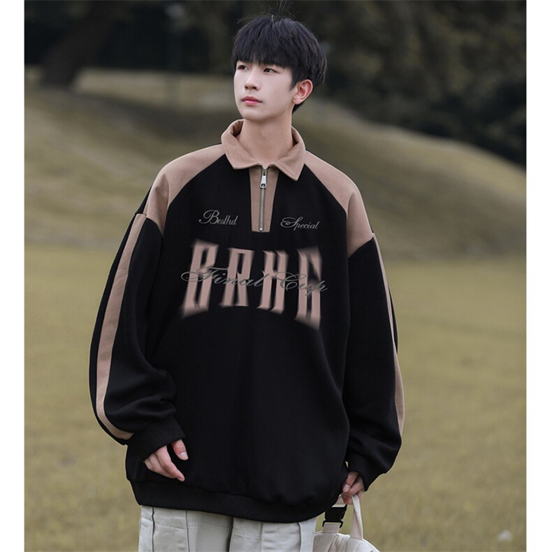 秋美式拼色翻领POLO衫休闲宽松卫衣PW2236-P50控78抖控88加绒P60，男装卫衣，电商B370