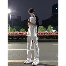 B221美式ins高街简约小众设计毛边破洞牛仔裤LK23067-P60控78，男装牛仔裤，电商B221