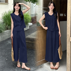 2025夏新款天丝亚麻气质木耳边拼接蕾丝马甲阔腿裤两件套套装，女装套装/套裙，瑶迪依秀