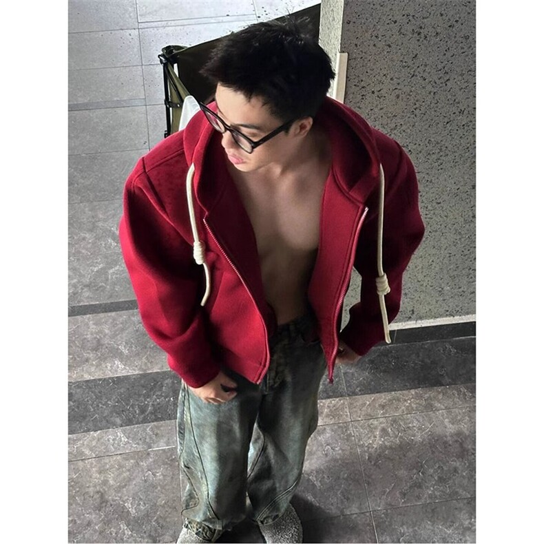 1506-1/WF011/P52美式复古编织绳连帽红色卫衣开衫外套潮牌男女,女装短外套,星座1506-1