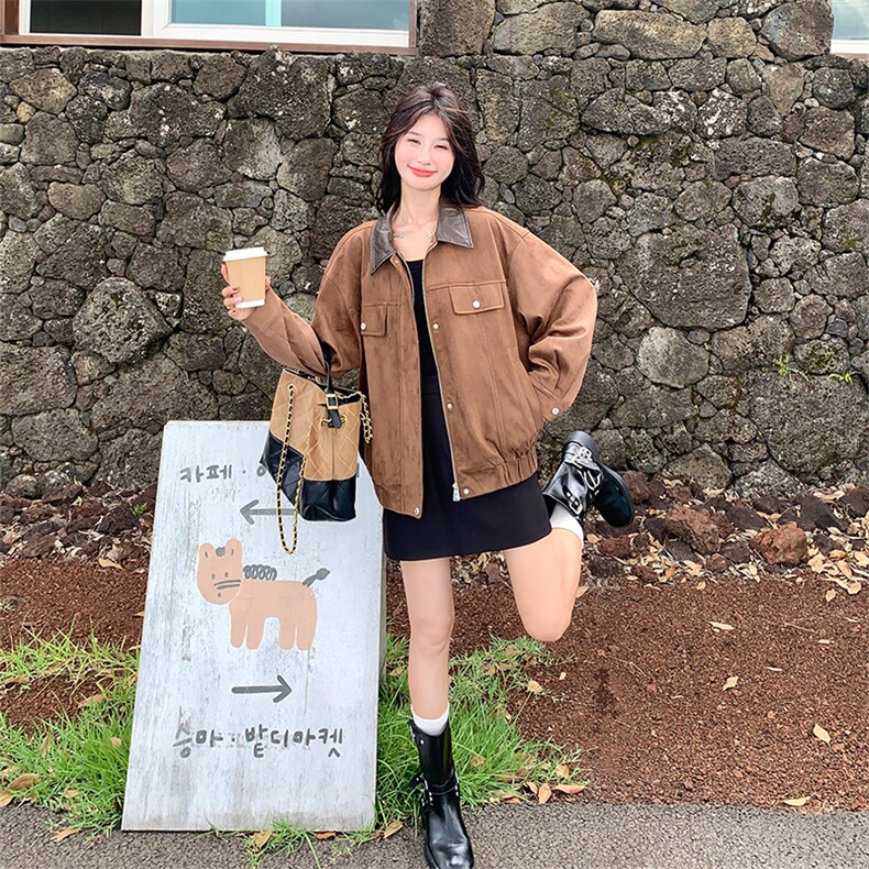 美拉德棕色麂皮绒短外套女2025秋季美式复古炸街pu皮翻领宽松夹克,女装短外套,2C025