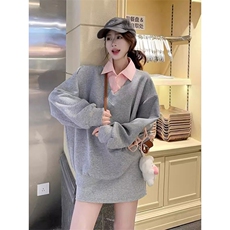 QC016-P55甜美韩系复古撞色两件拼接卫衣宽松秋季上衣休闲长袖，女装卫衣/绒衫，星座617A-2