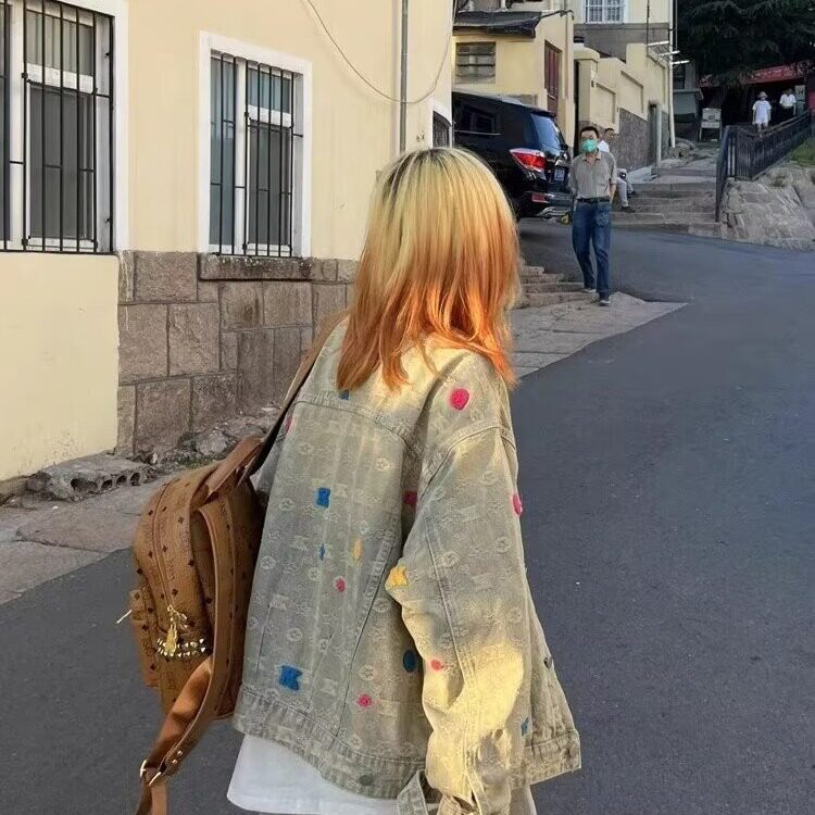 现货网红同款黄泥色印花水洗做旧牛仔外套男女生休闲百搭水印夹克,男装工装外套,星座302B